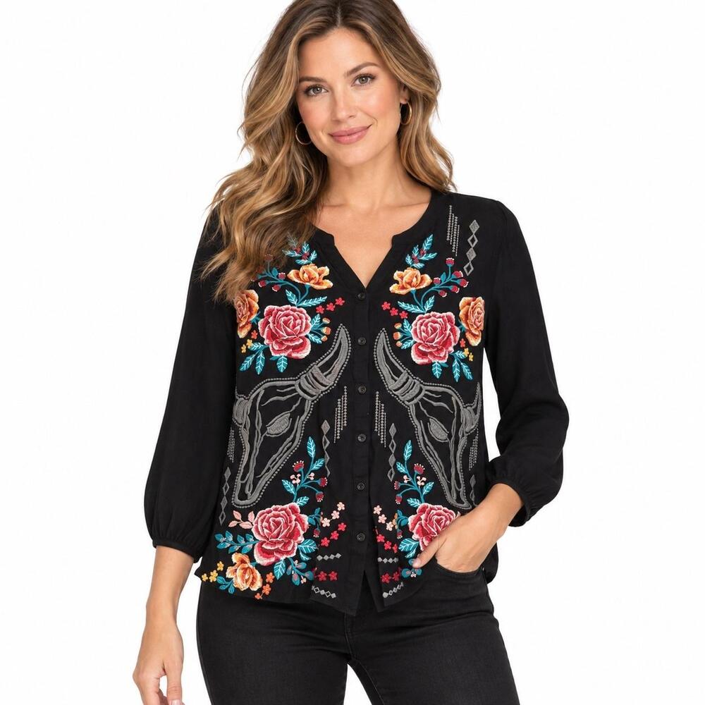 Savanna Jane Blouse Womens Small Black Floral Embroidered V Neck 3/4 Sleeve Top